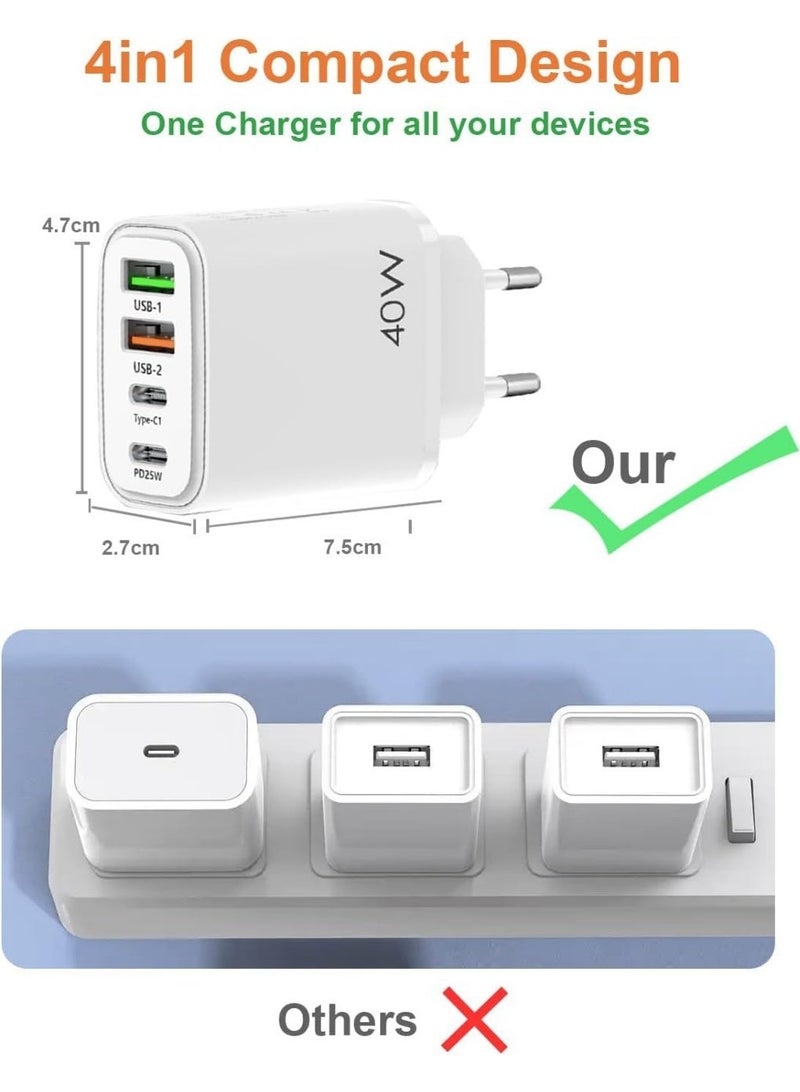 Arabest 40W Fast Charger with 4 Ports, 2PD+2USB Multiport Charger Block for Multiple Device, 40w Fast Charging Wall Charger, 4 Port Travel Charger Fast Mobile Charger Adapter (White, EU) - Image 5
